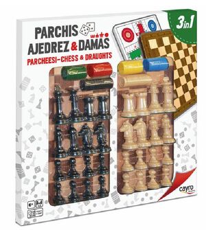 TABLERO AJEDREZ + DAMAS + PARCHIS CON FICHAS CAYRO 100